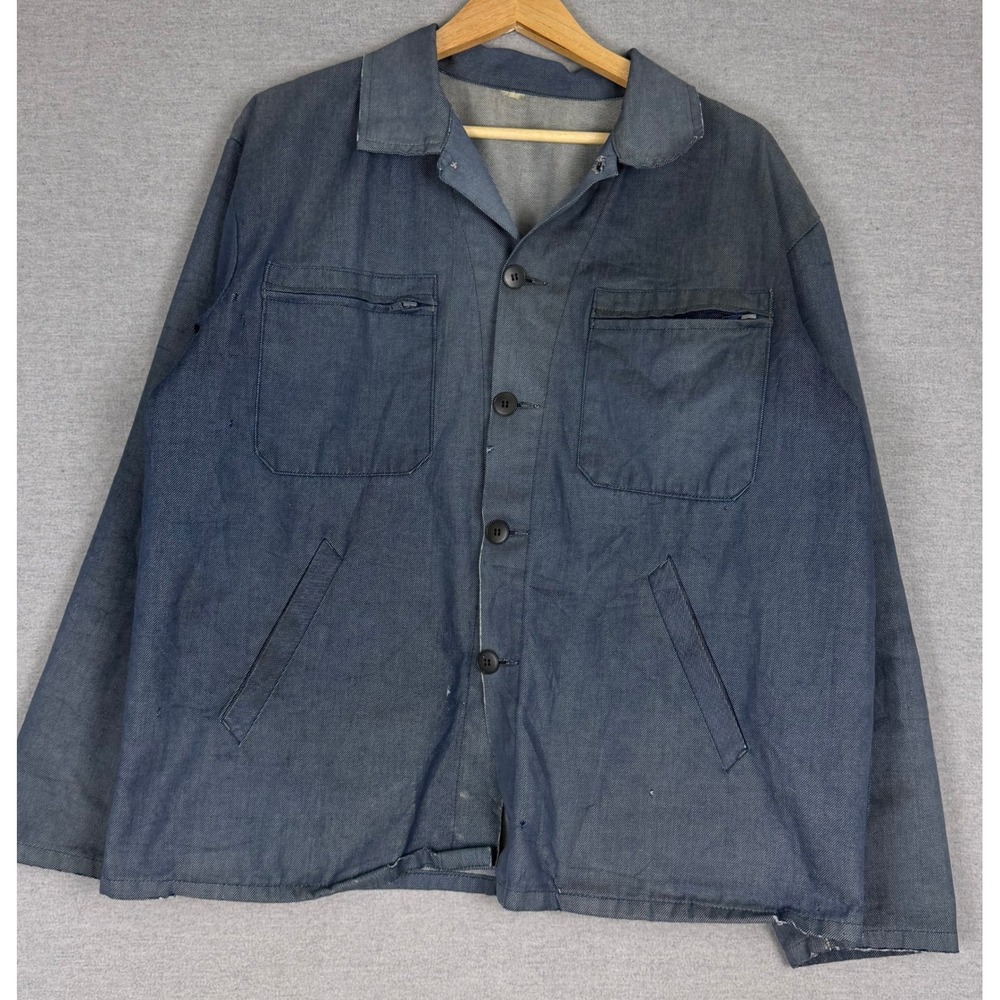 Vintage Faded Blue Denim French Chore Jacket Workwear Utility Coat Fits XL